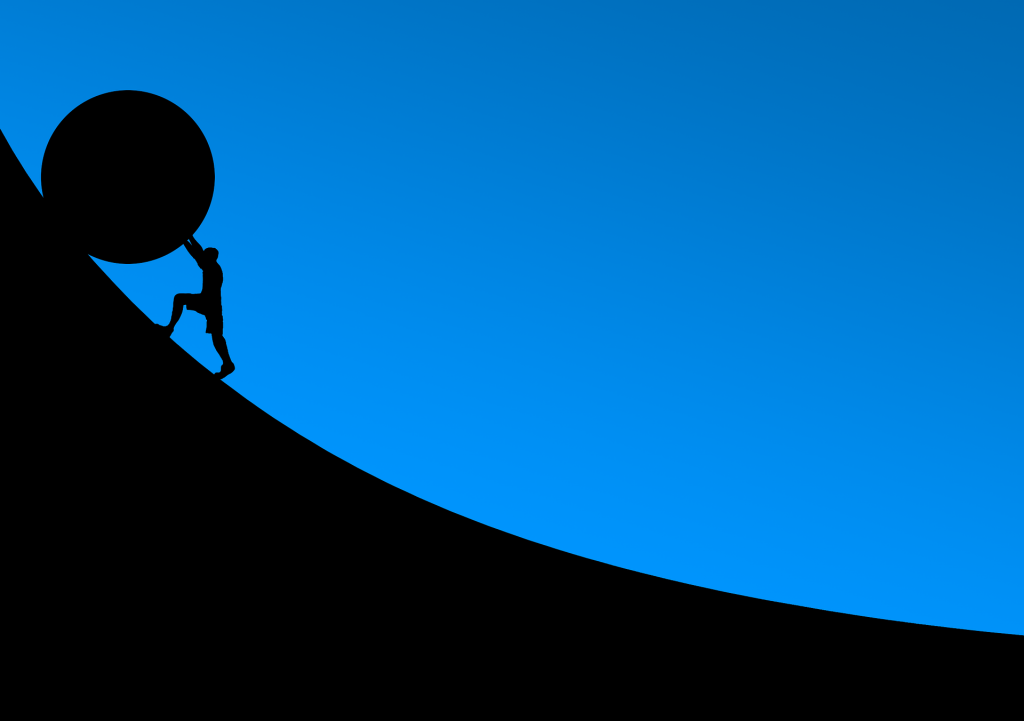 Blauer Hintergrund mit einer schwarzen Steigung die einen Berg darstellt, auf der Steigung ist ein Mann zu sehen der einen großen runden Stein die Steigung hochschiebt