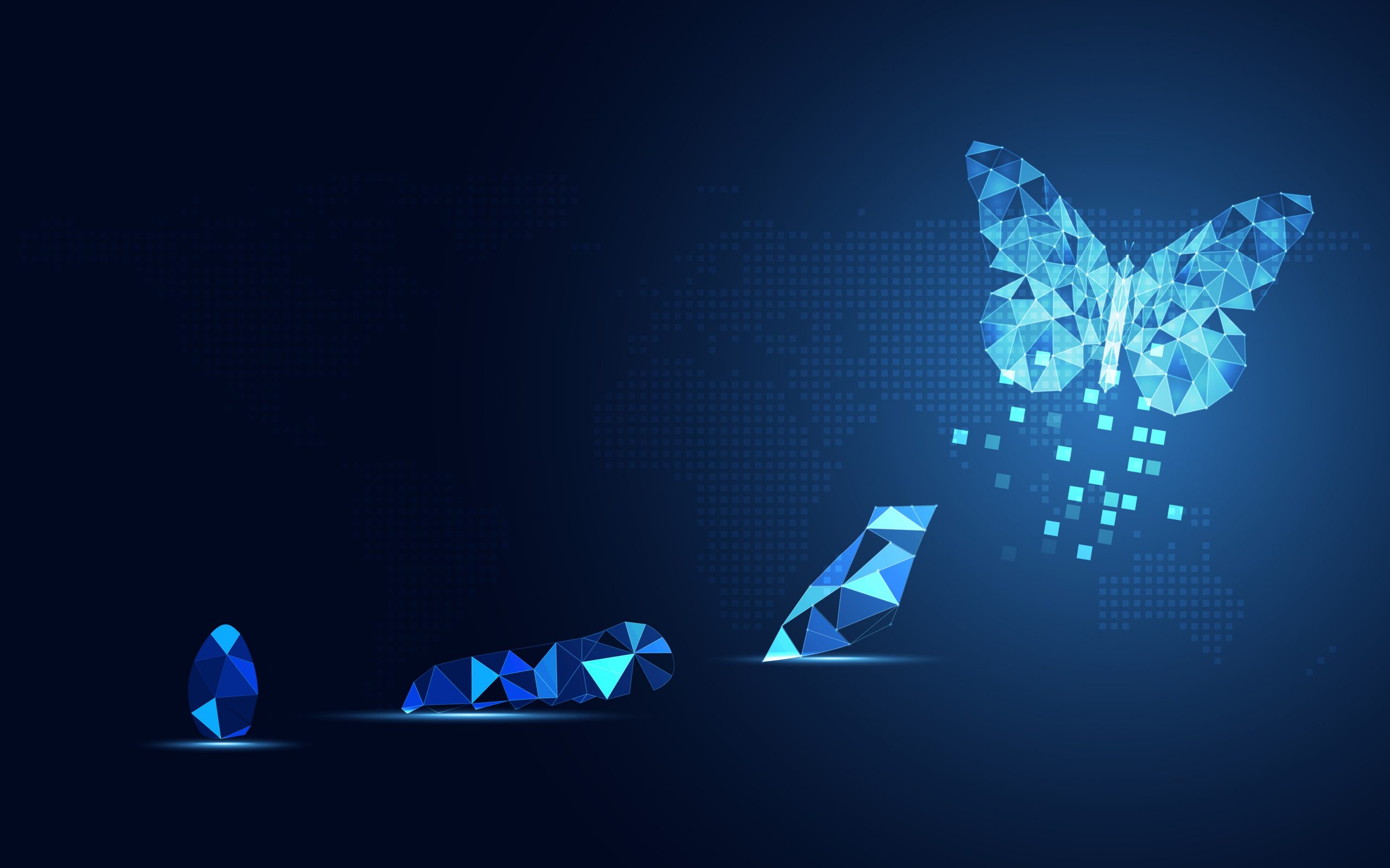 Schwarzer Hintergrund, rechts im bild ist ein digital gezeichneter Schmetterling in Blau das leuchtet er durchgeht eine art transformation